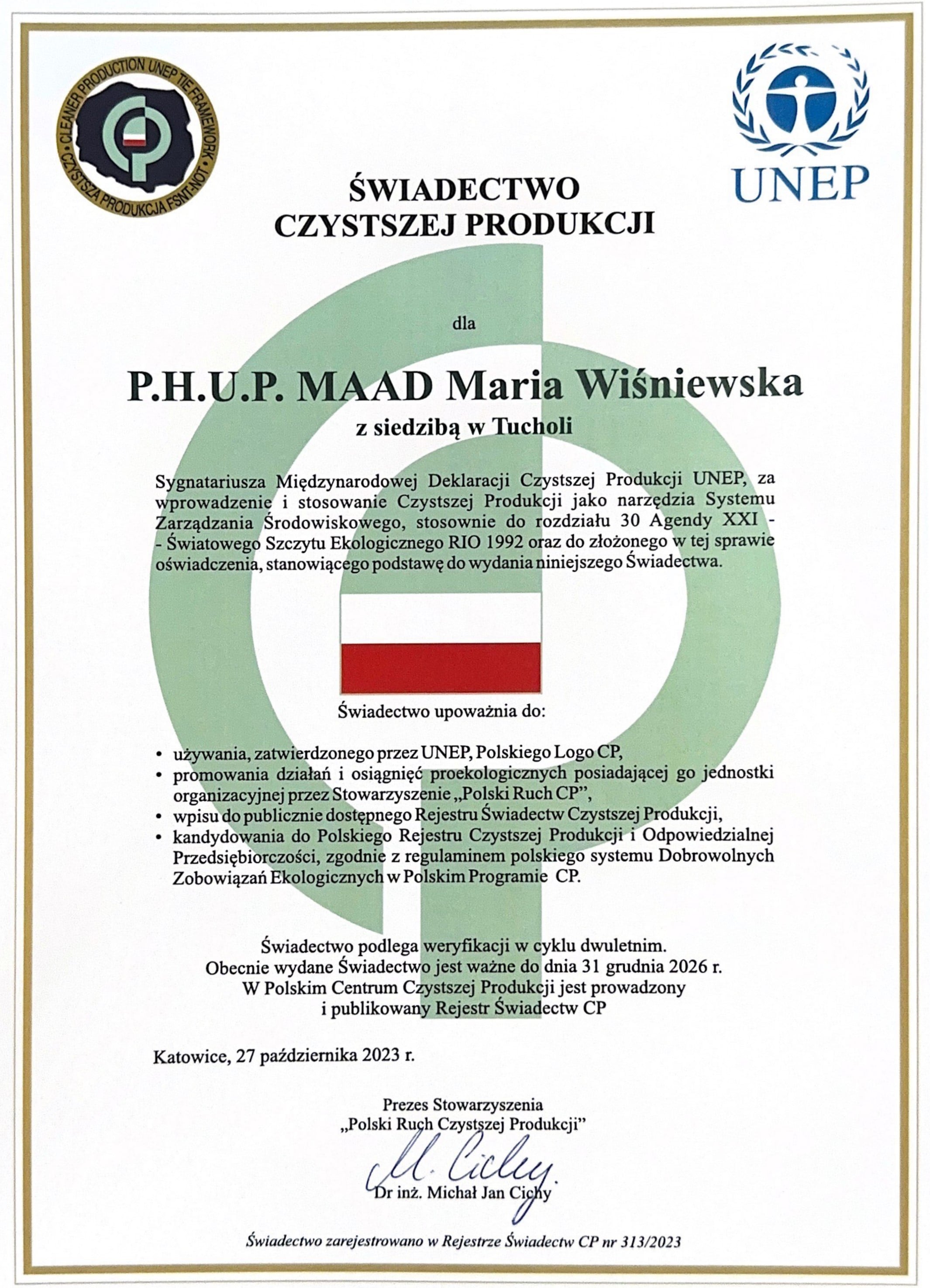 świadectwo czystszej produkcji